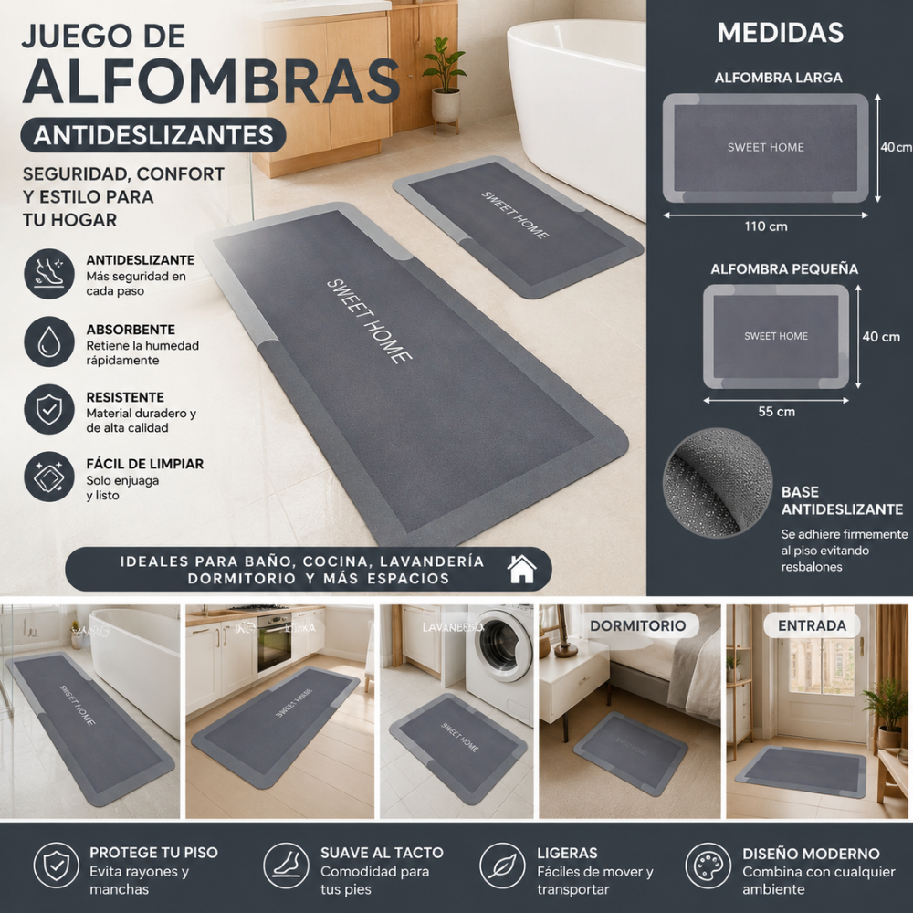 Juego Tapetes Antideslizantes Baño Cocina 2 Piezas Gris - Image 3