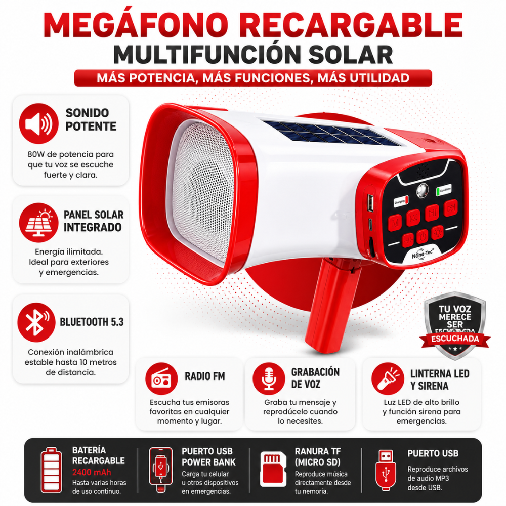 Megáfono Recargable Solar Bluetooth USB FM Sirena Linterna 80W - Image 3