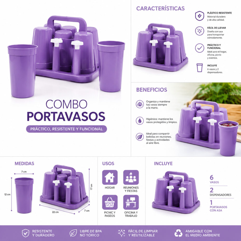 Portavasos Plástico Con 6 Vasos Reutilizables Con Asa Ideal Picnic Camping Hogar - Image 3