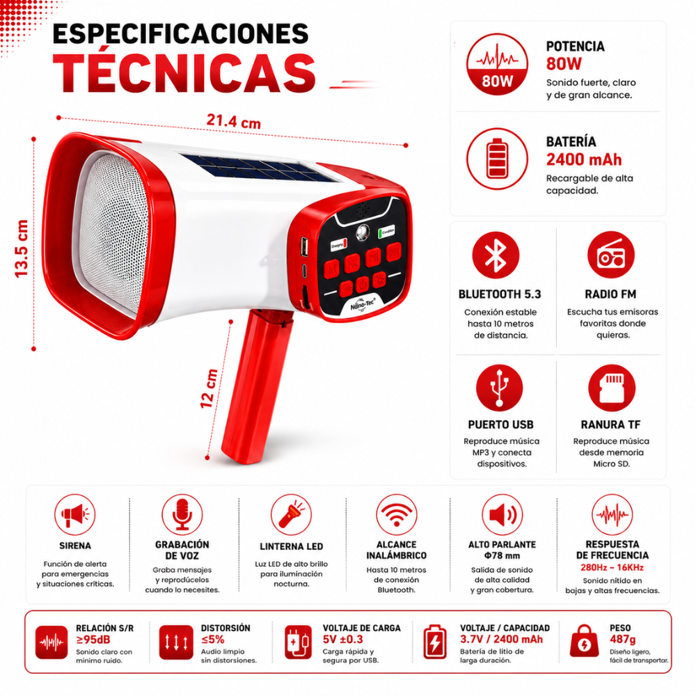 Megáfono Recargable Solar Bluetooth USB FM Sirena Linterna 80W - Image 4