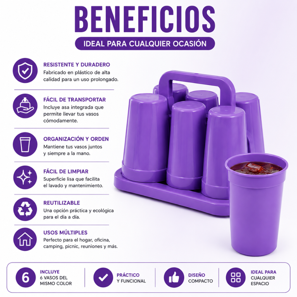 Portavasos Plástico Con 6 Vasos Reutilizables Con Asa Ideal Picnic Camping Hogar - Image 4