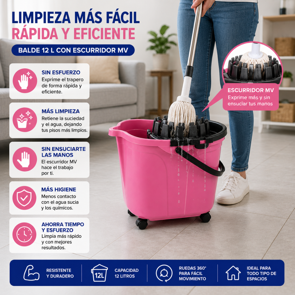 Balde 12 Litros Con Escurridor, Ruedas Y Asa Para Limpieza Profesional - Image 5