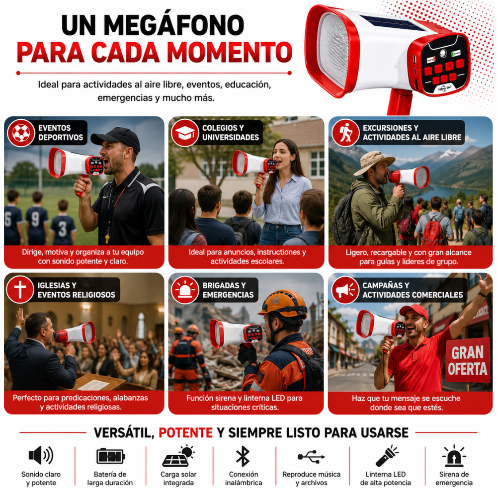 Megáfono Recargable Solar Bluetooth USB FM Sirena Linterna 80W - Image 5