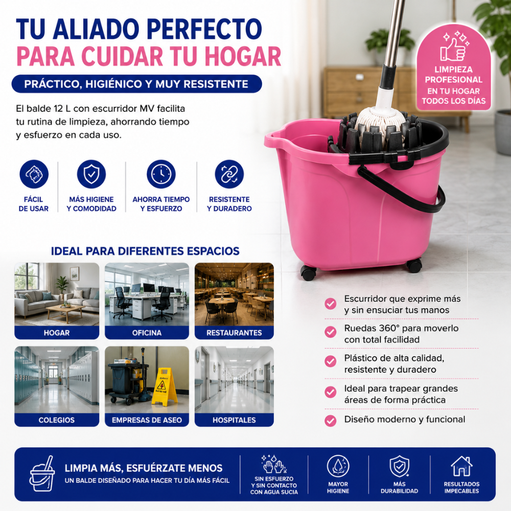 Balde 12 Litros Con Escurridor, Ruedas Y Asa Para Limpieza Profesional - Image 6