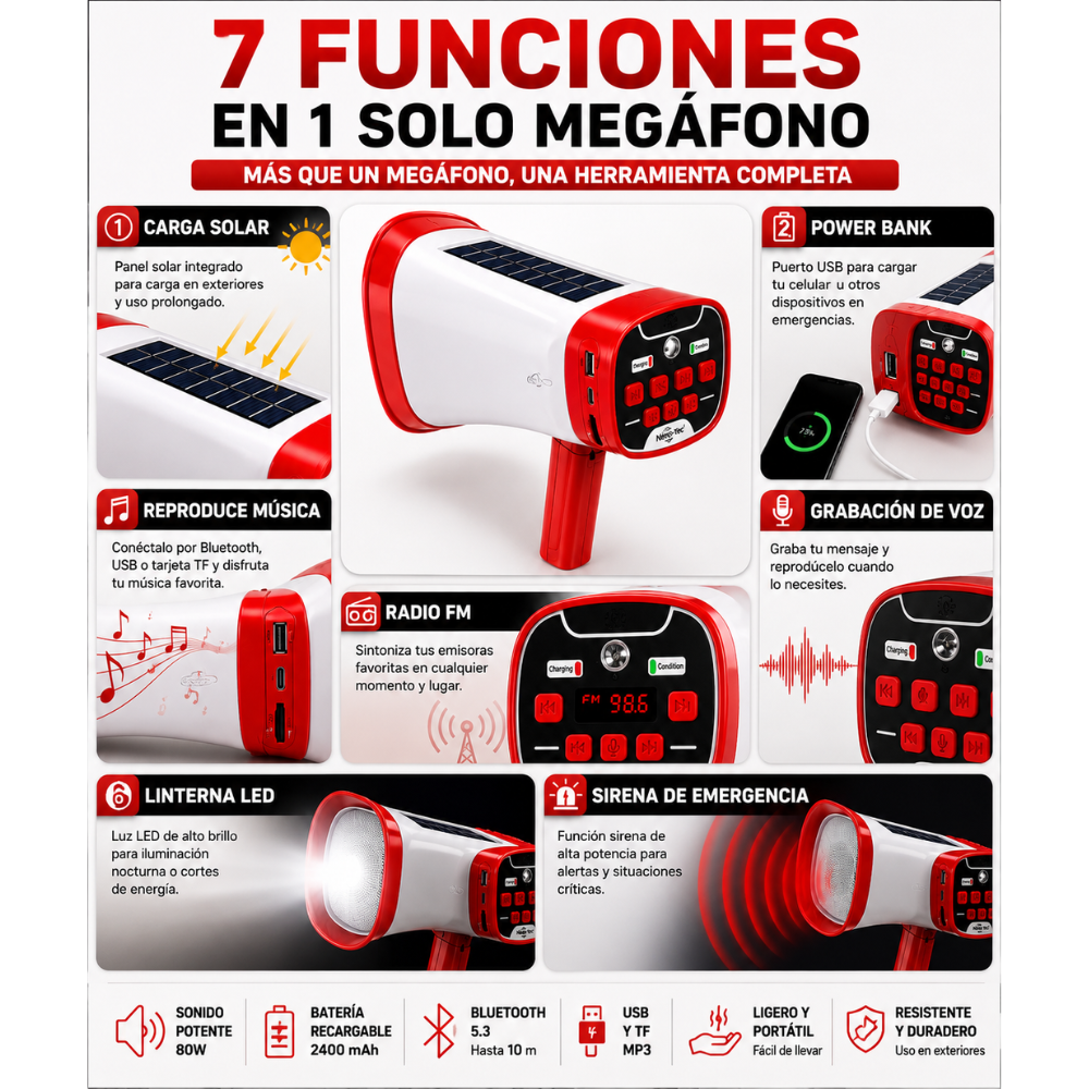 Megáfono Recargable Solar Bluetooth USB FM Sirena Linterna 80W - Image 6