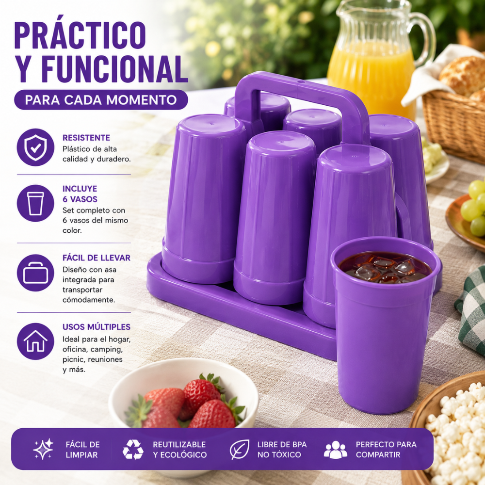 Portavasos Plástico Con 6 Vasos Reutilizables Con Asa Ideal Picnic Camping Hogar - Image 6