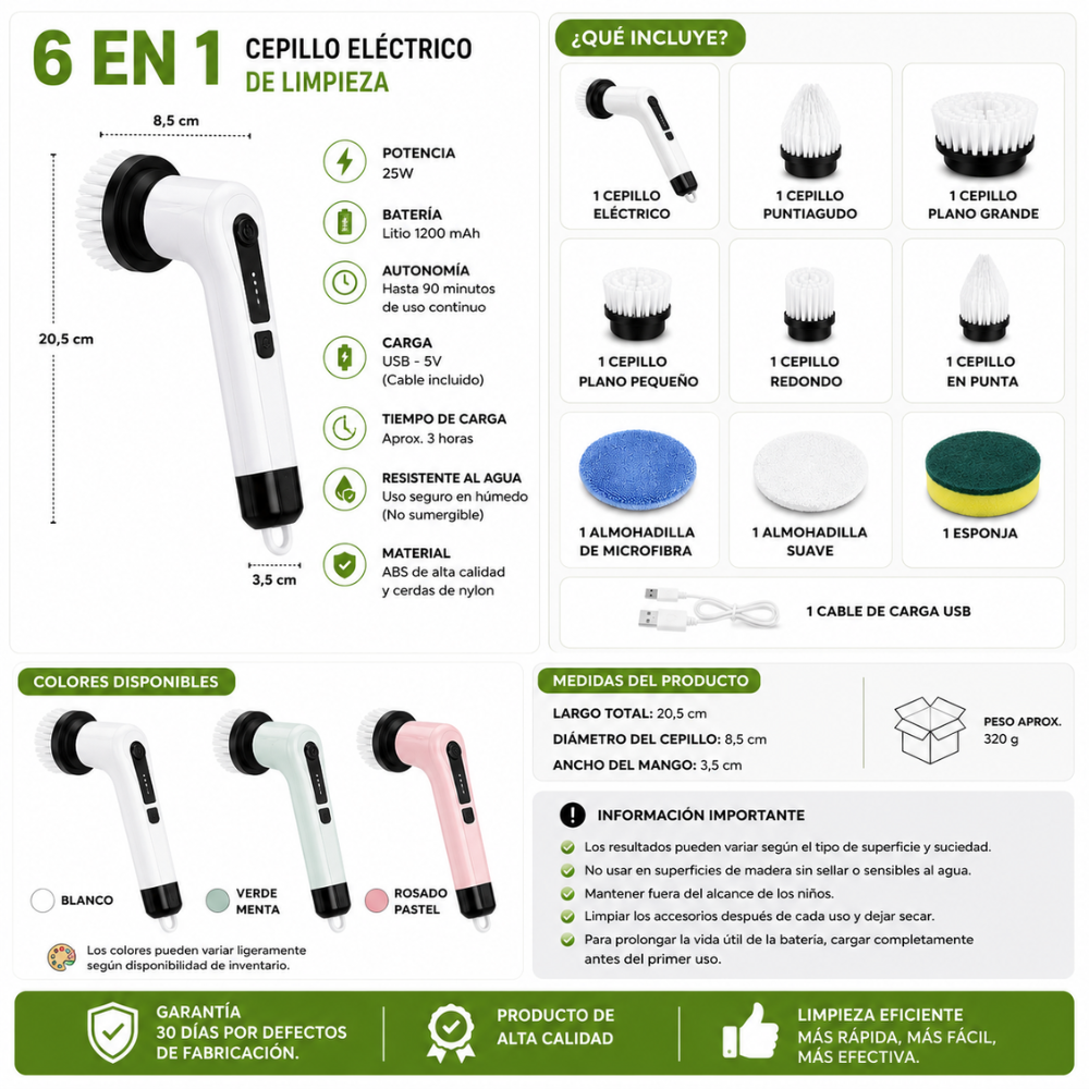 Cepillo Eléctrico Inalámbrico Recargable 9 En 1 Limpieza 90 Minutos de uso. - Image 7