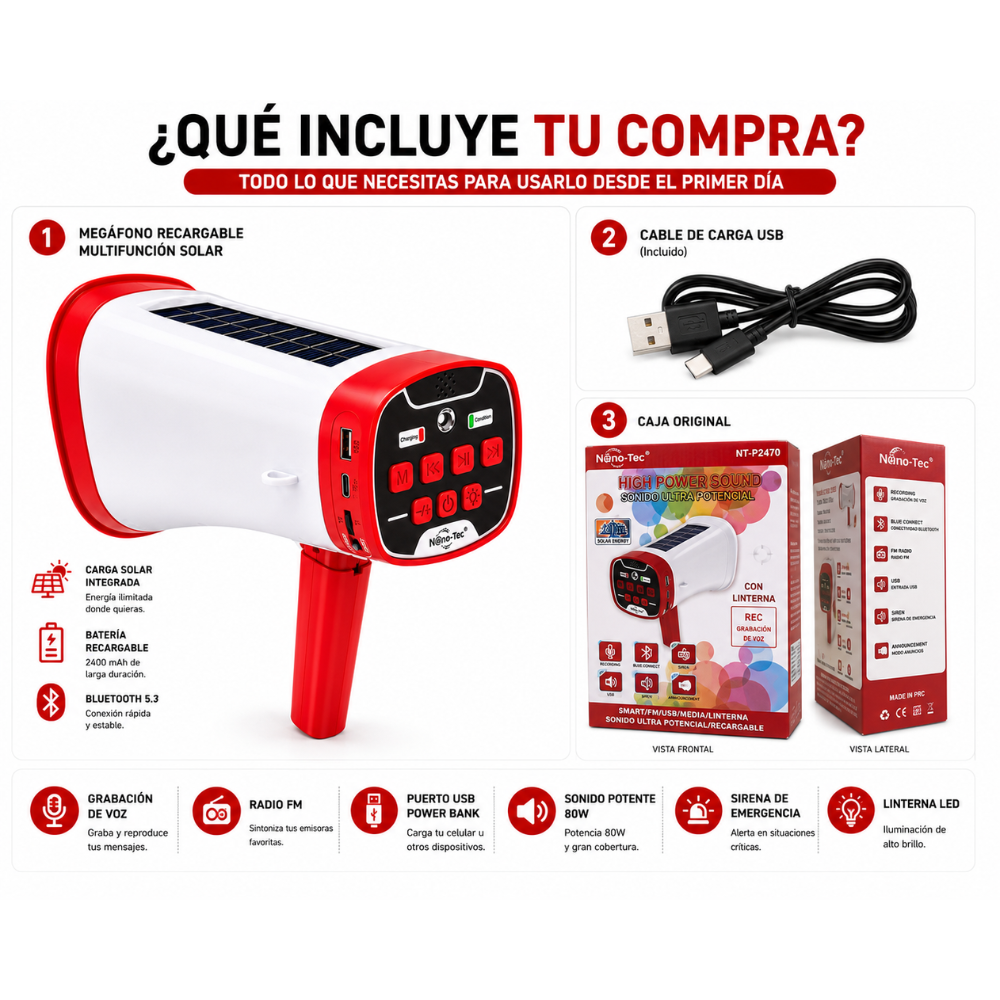 Megáfono Recargable Solar Bluetooth USB FM Sirena Linterna 80W - Image 7