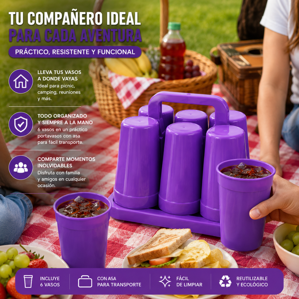 Portavasos Plástico Con 6 Vasos Reutilizables Con Asa Ideal Picnic Camping Hogar - Image 7