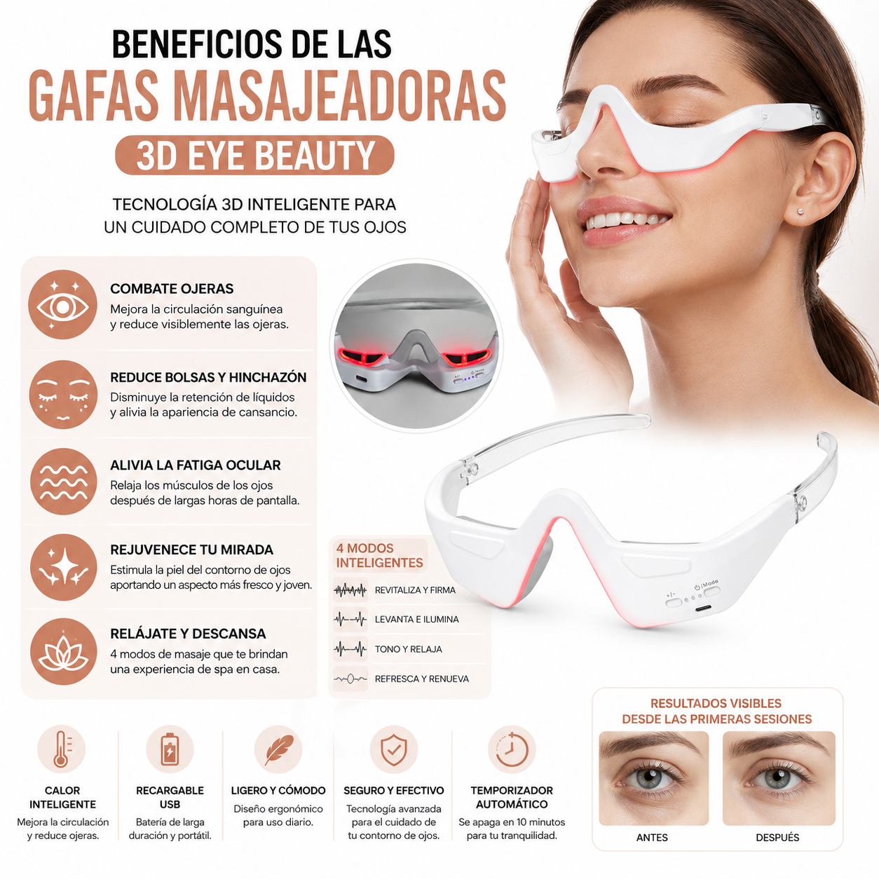 Masajeador De Ojos 3D LED Recargable Antiojeras 4 Modos Recargable USB - Image 6