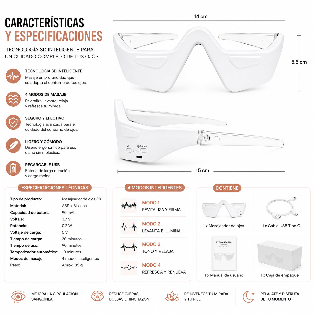 Masajeador De Ojos 3D LED Recargable Antiojeras 4 Modos Recargable USB - Image 5