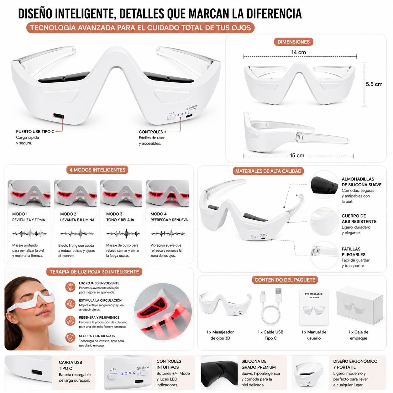 Masajeador De Ojos 3D LED Recargable Antiojeras 4 Modos Recargable USB - Image 3