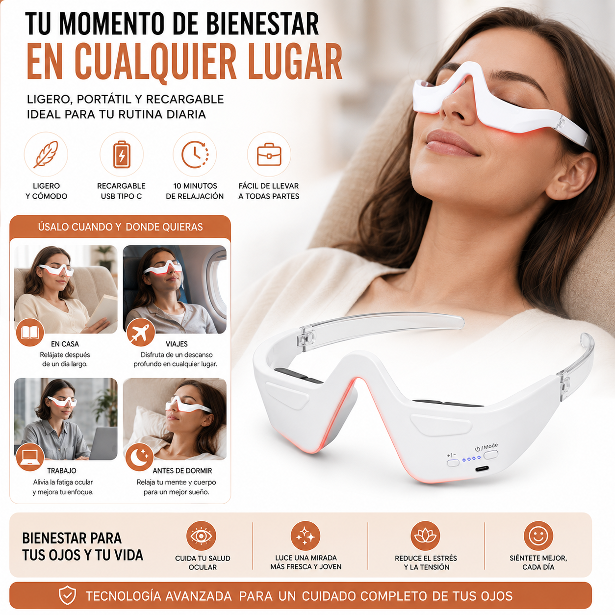 Masajeador De Ojos 3D LED Recargable Antiojeras 4 Modos Recargable USB - Image 2
