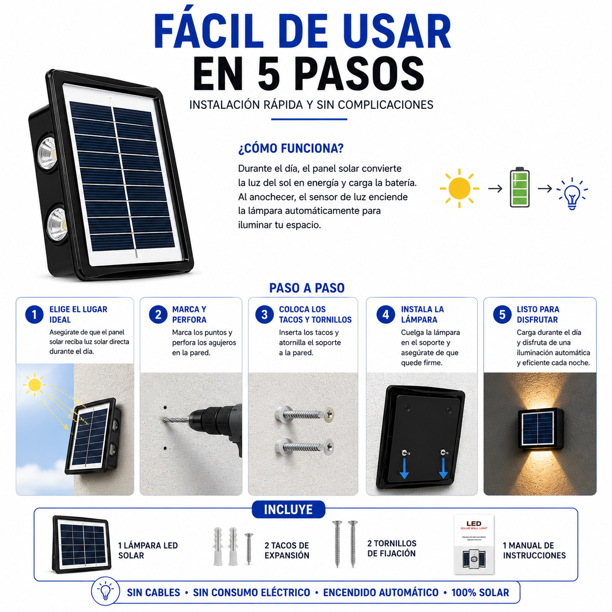 Lámpara Solar LED Aplique Pared Exterior Automática e Impermeable - Image 3