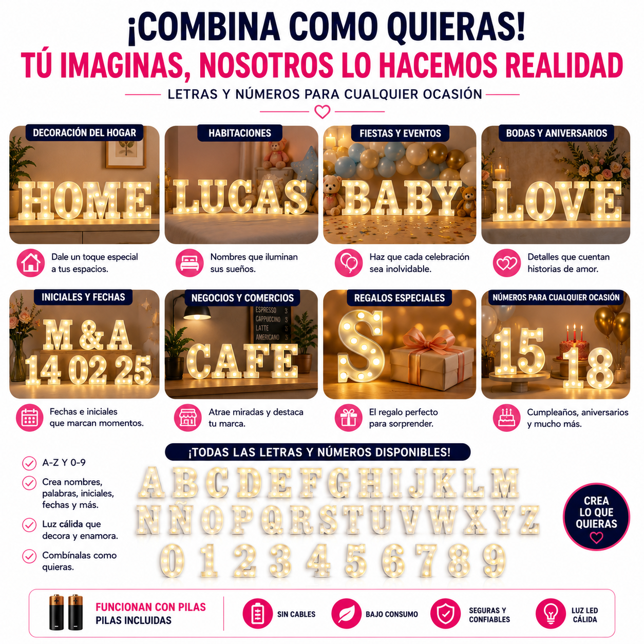 Letra Luminosa LED Decorativa Blanca Con Pilas Incluidas - Arma tu mensaje - Image 2