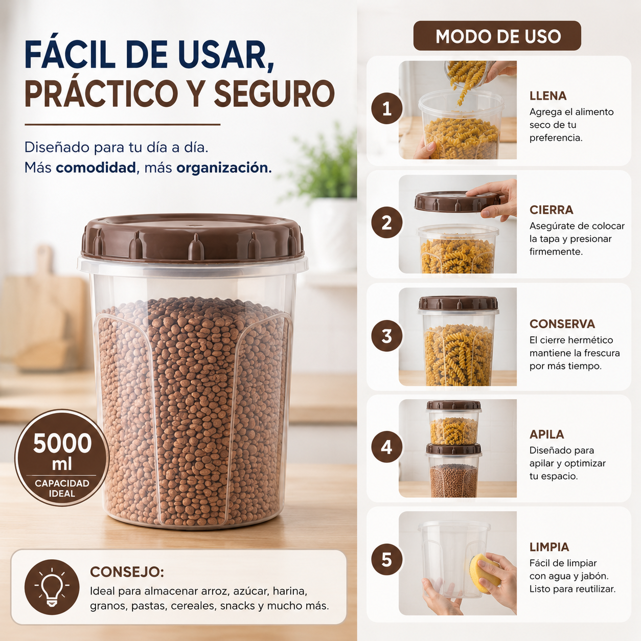 Recipiente Redondo Hermético 5000 ml Plástico Resistente Organizador Cocina - Image 3