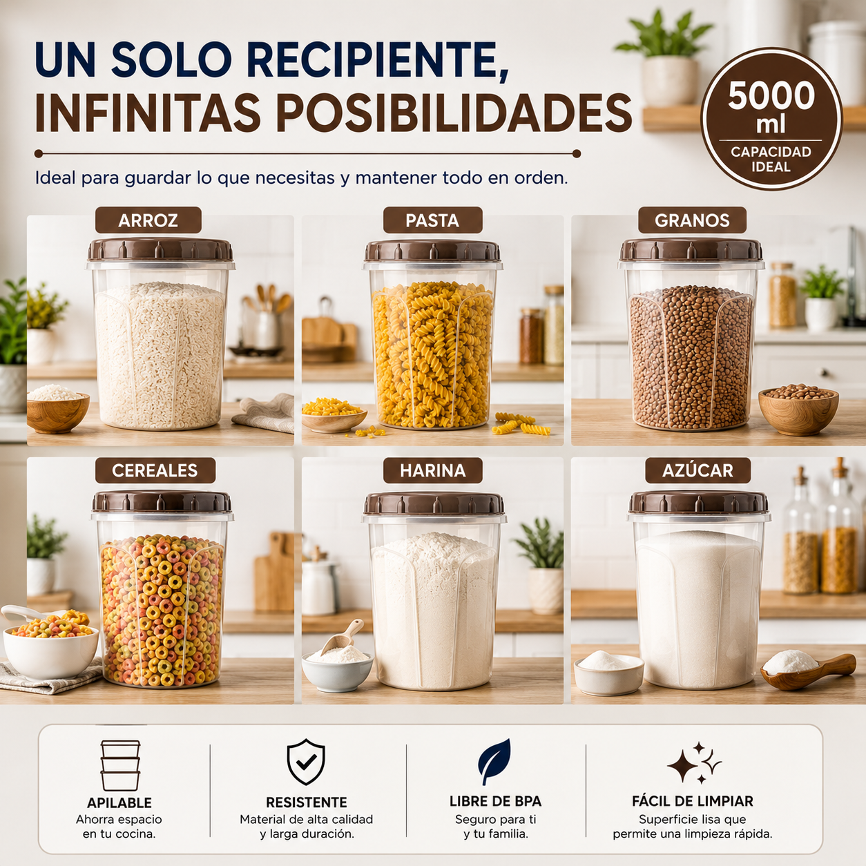 Recipiente Redondo Hermético 5000 ml Plástico Resistente Organizador Cocina - Image 2