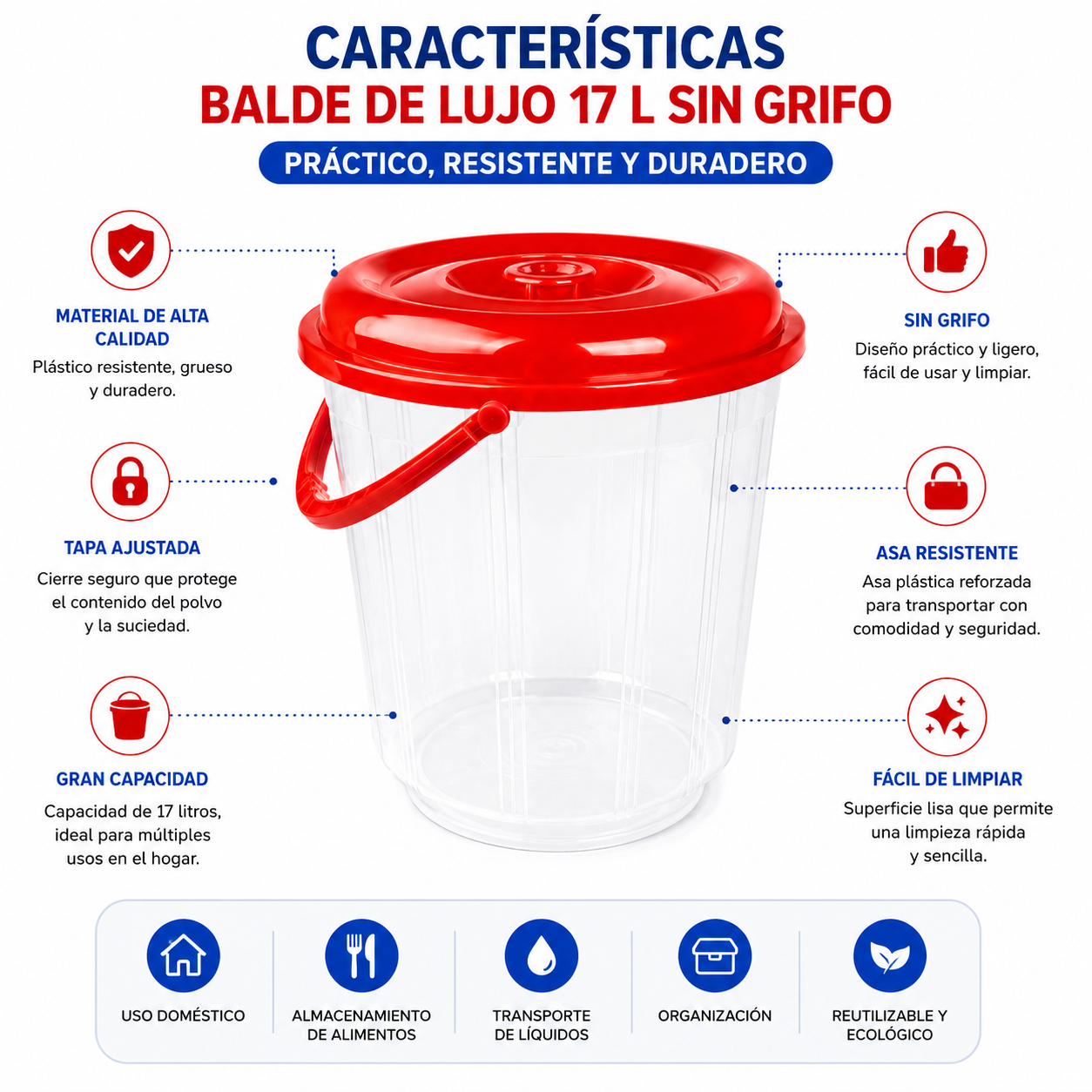 Balde Plástico Transparente 17 Litros Con Tapa Asa Ideal Para Bebidas y Alimentos - Image 6