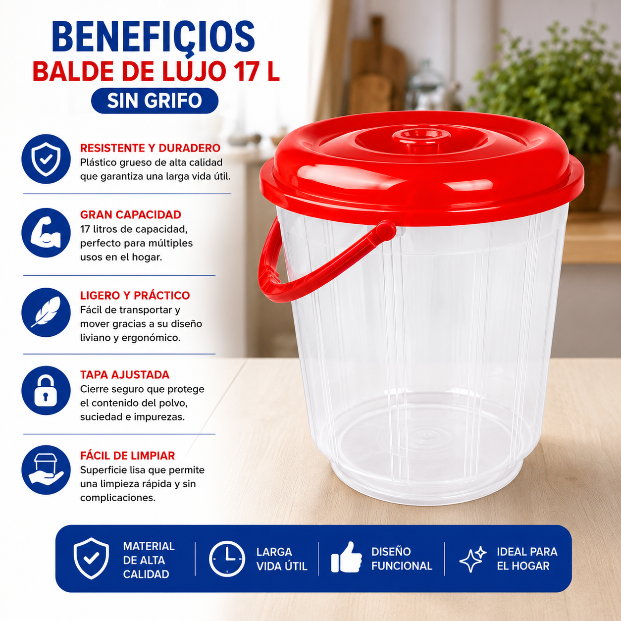 Balde Plástico Transparente 17 Litros Con Tapa Asa Ideal Para Bebidas y Alimentos - Image 4