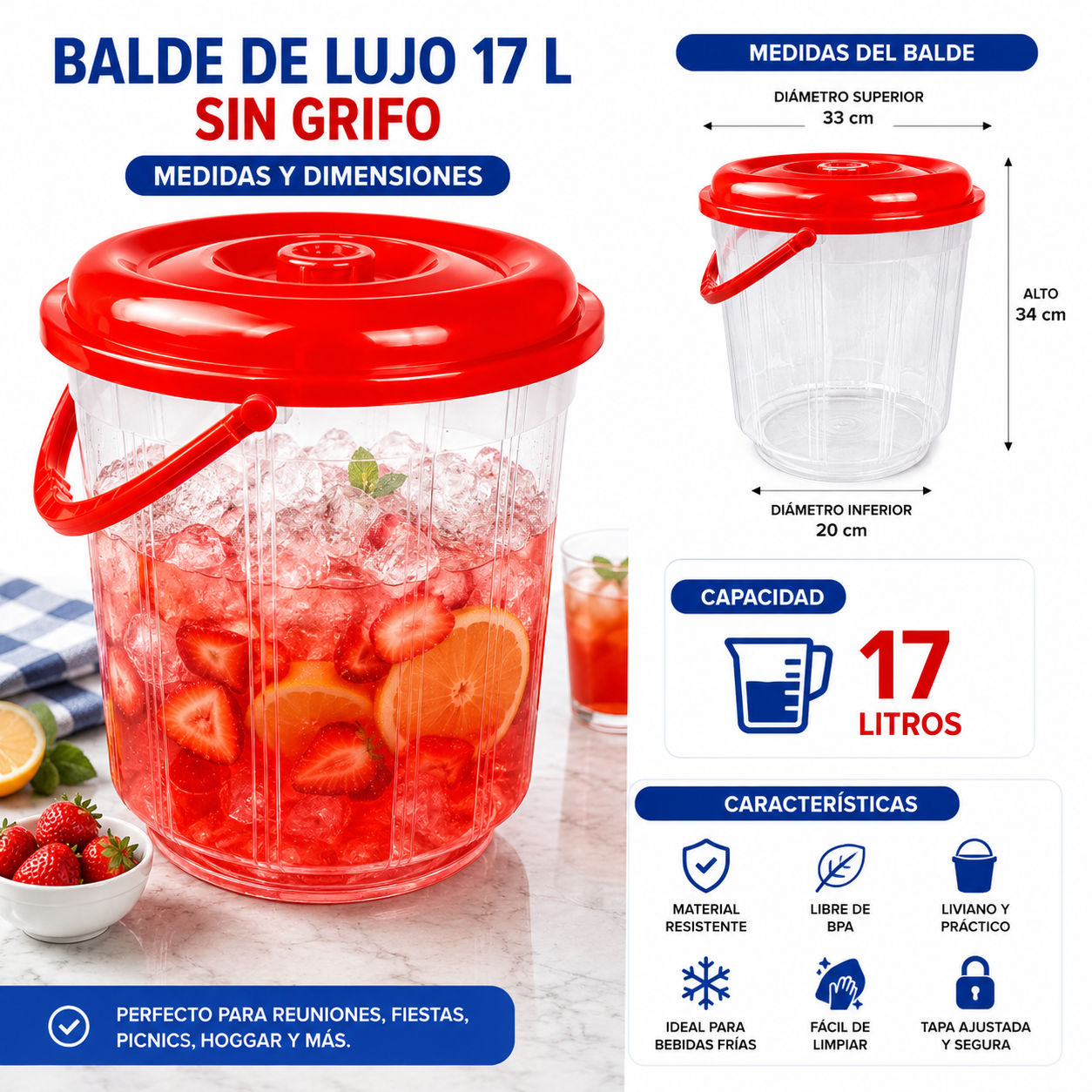 Balde Plástico Transparente 17 Litros Con Tapa Asa Ideal Para Bebidas y Alimentos - Image 5