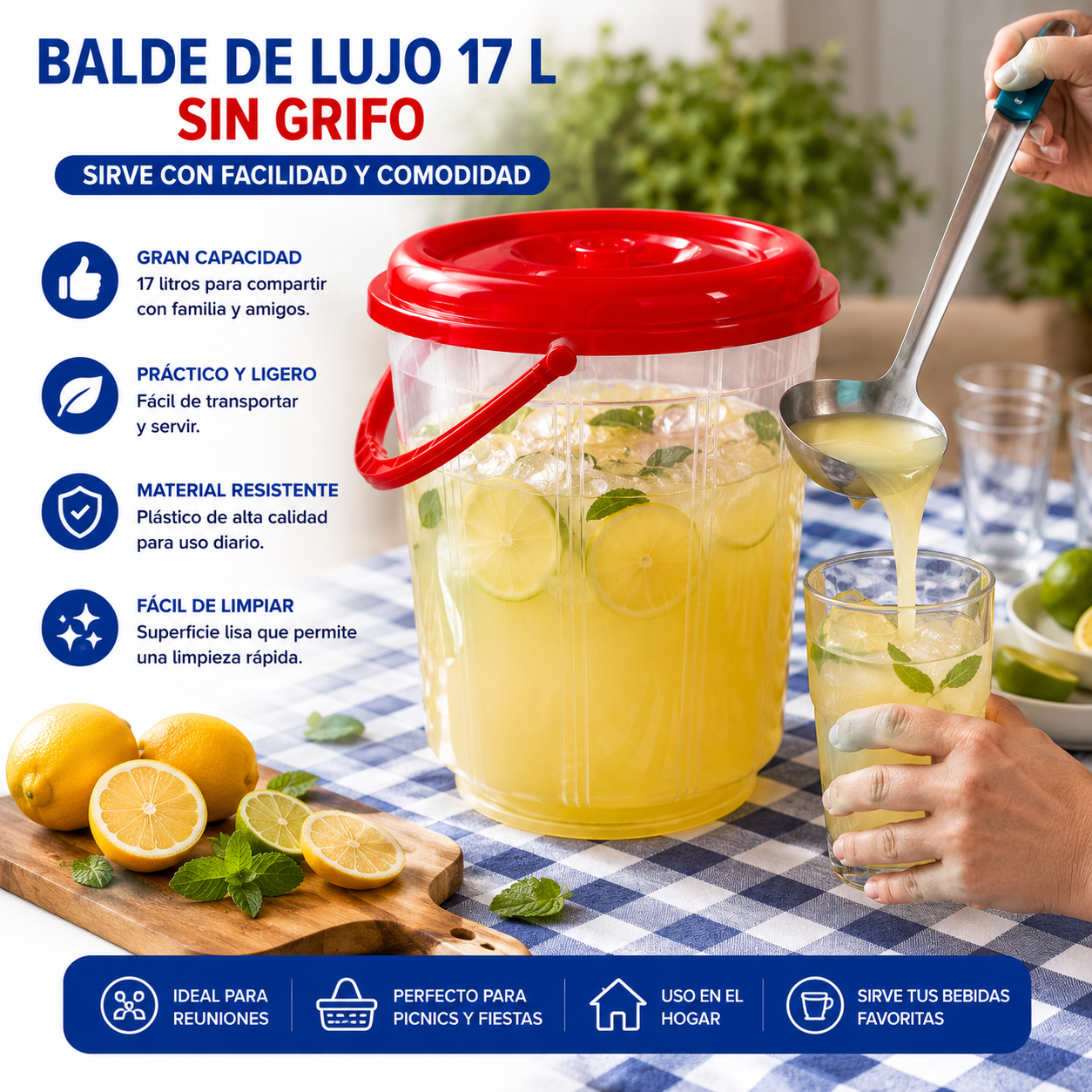 Balde Plástico Transparente 17 Litros Con Tapa Asa Ideal Para Bebidas y Alimentos - Image 3