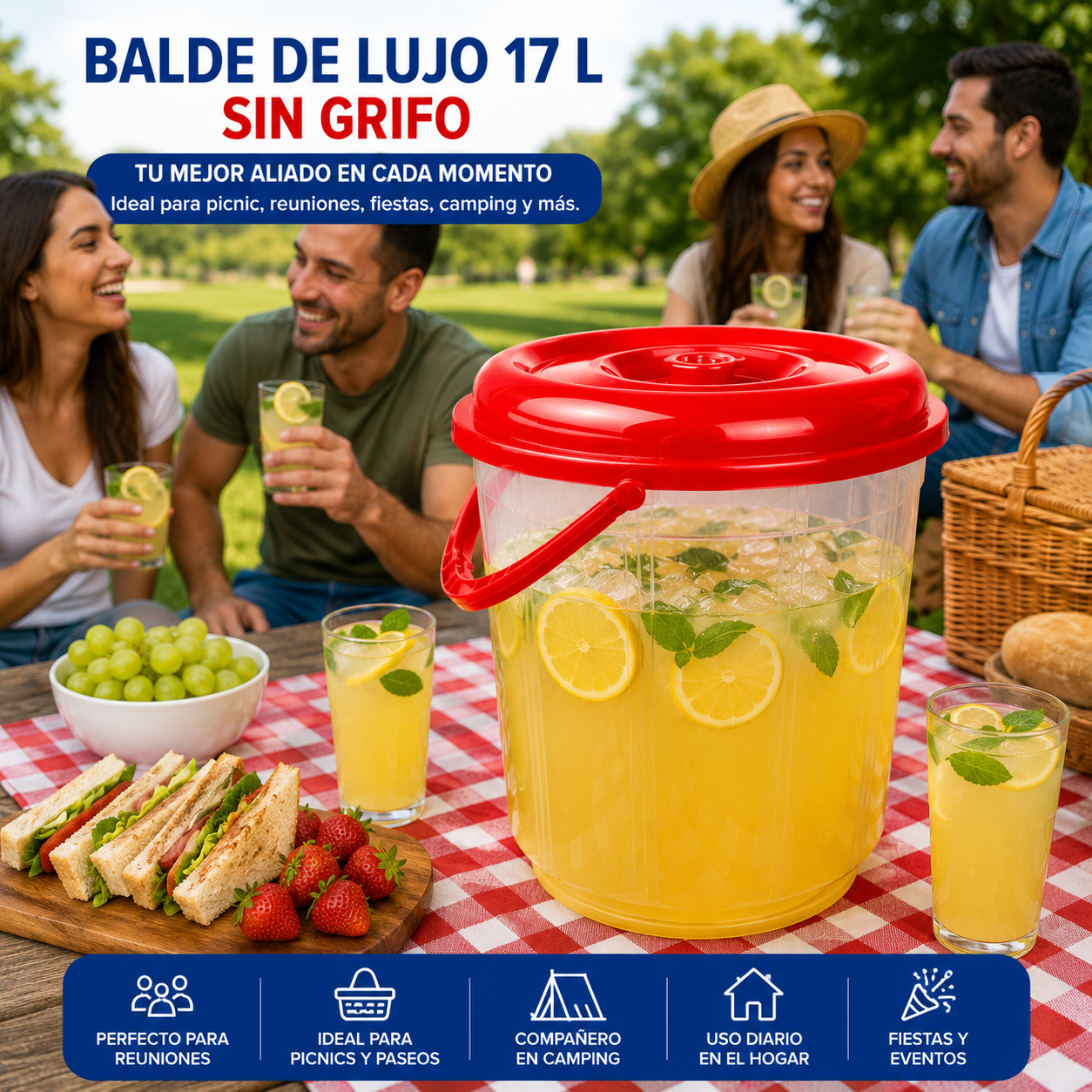Balde Plástico Transparente 17 Litros Con Tapa Asa Ideal Para Bebidas y Alimentos - Image 2