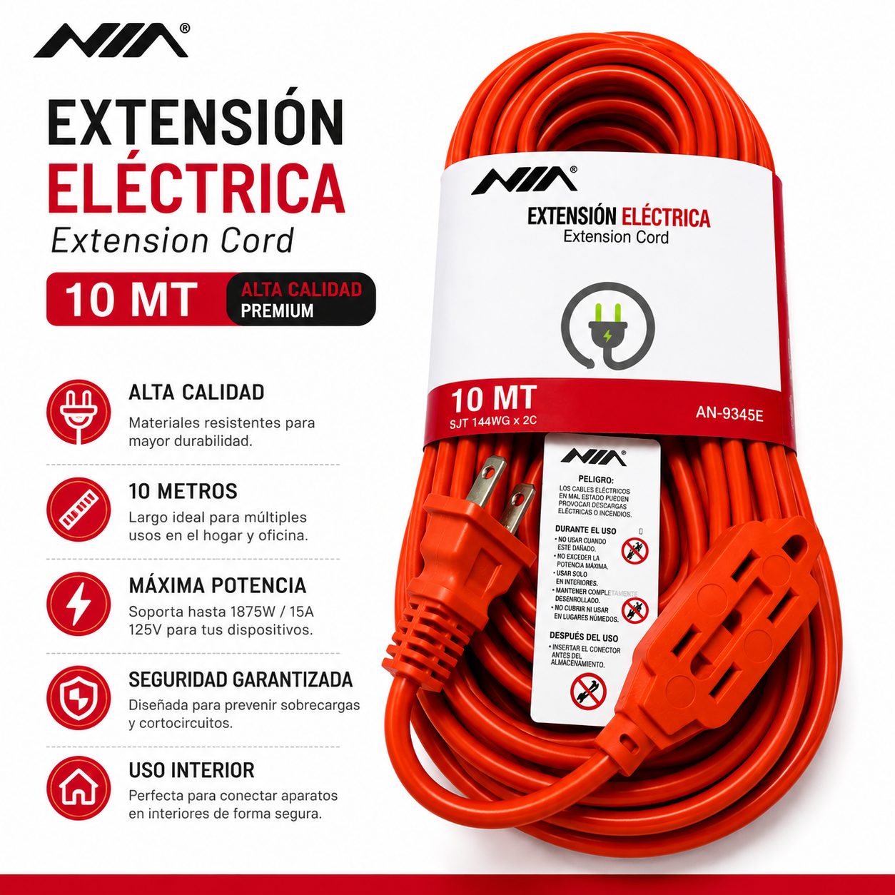 Extensión NIA 10 Metros Cable Eléctrico Reforzado 15A - Image 5