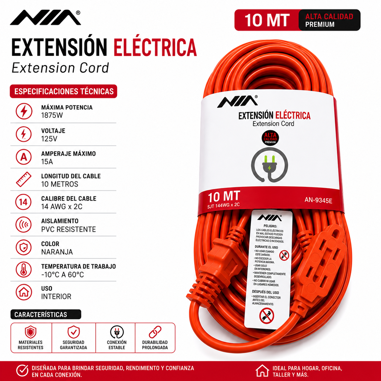 Extensión NIA 10 Metros Cable Eléctrico Reforzado 15A - Image 4