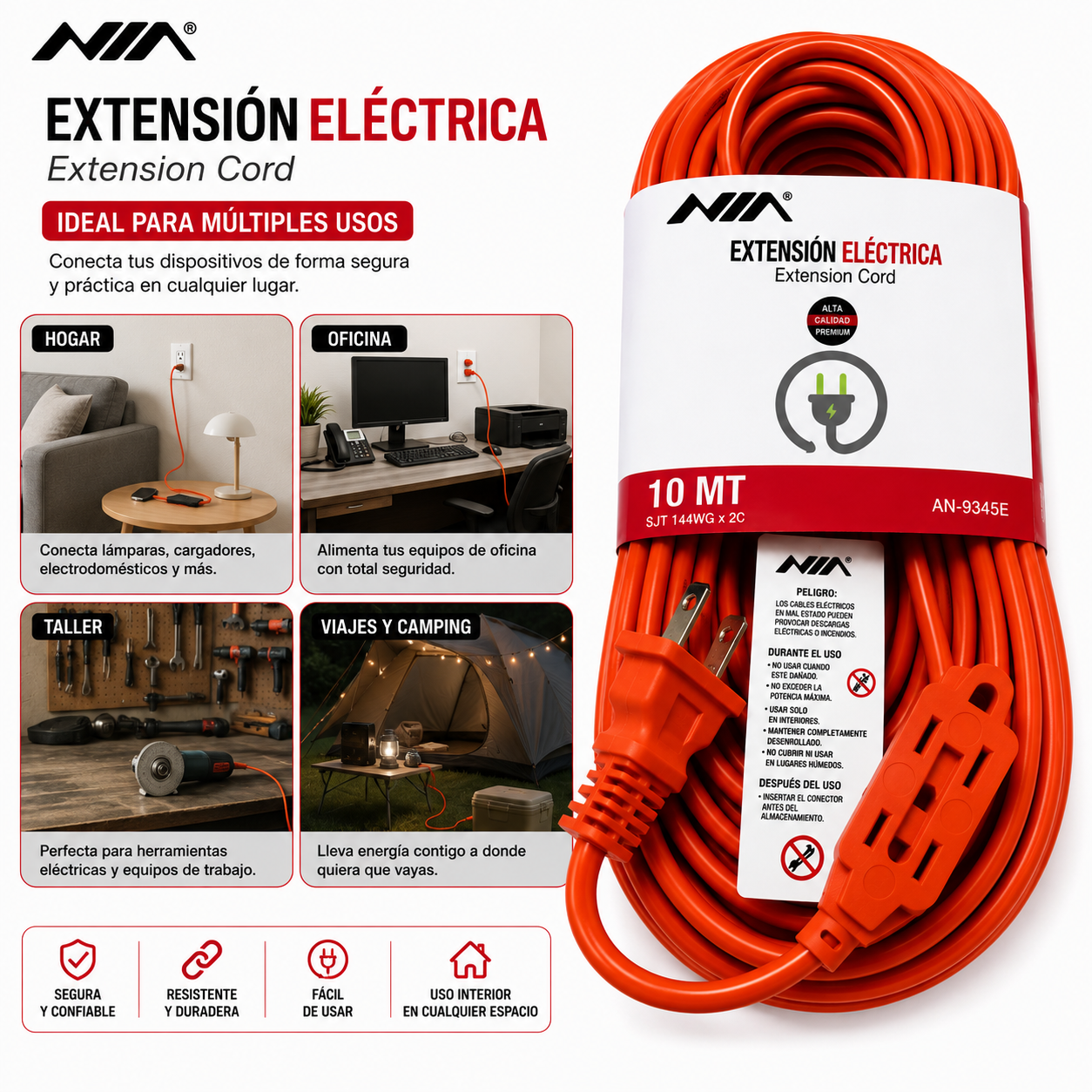 Extensión NIA 10 Metros Cable Eléctrico Reforzado 15A - Image 3