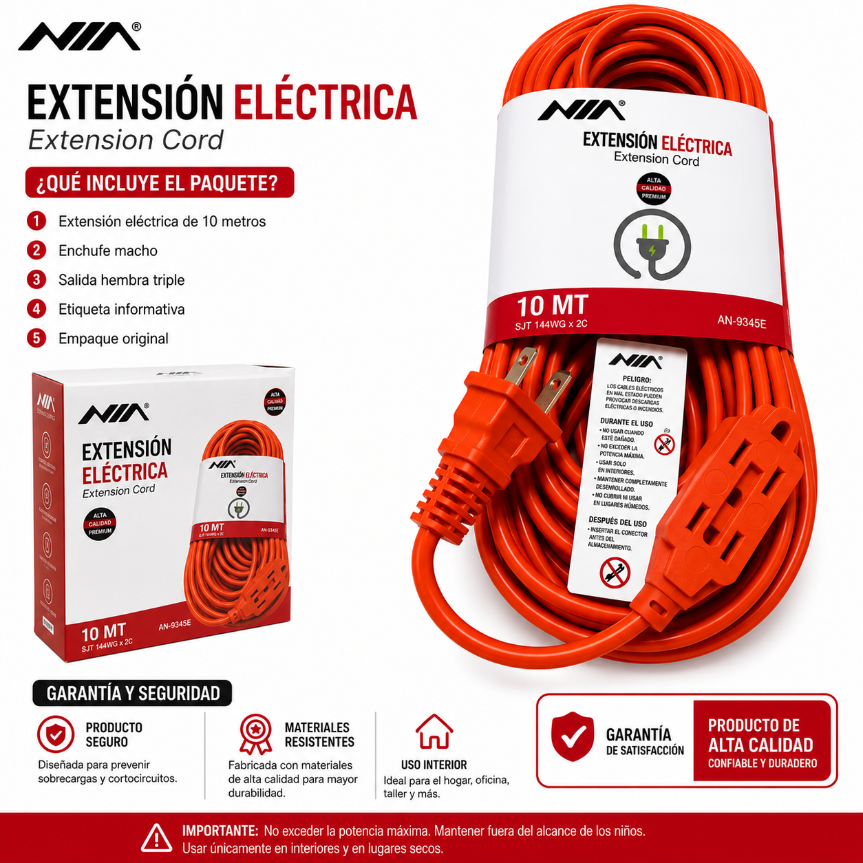Extensión NIA 10 Metros Cable Eléctrico Reforzado 15A - Image 2