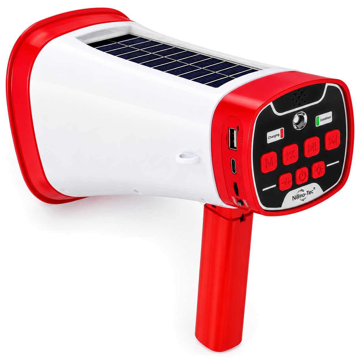 Megáfono Recargable Solar Bluetooth USB FM Sirena Linterna 80W