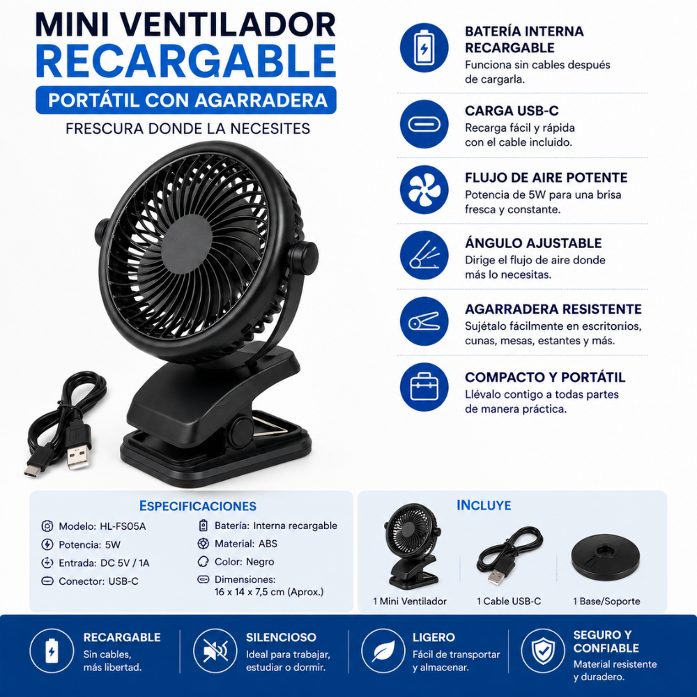 Mini Ventilador 3 En 1 Recargable Con Agarradera USB-C 5W Portátil - Image 2