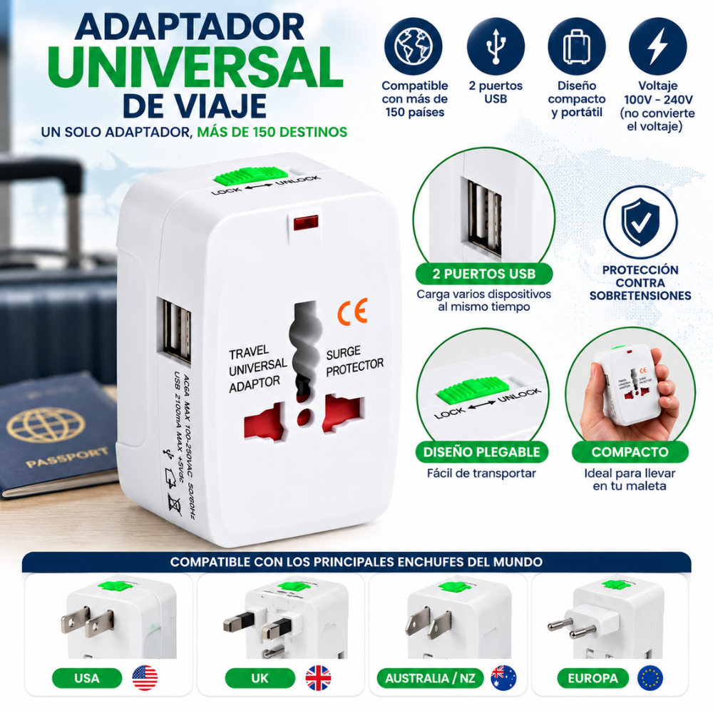 Adaptador Universal De Viaje 150 Países 2 USB USA UK Europa Australia NZ - Image 2
