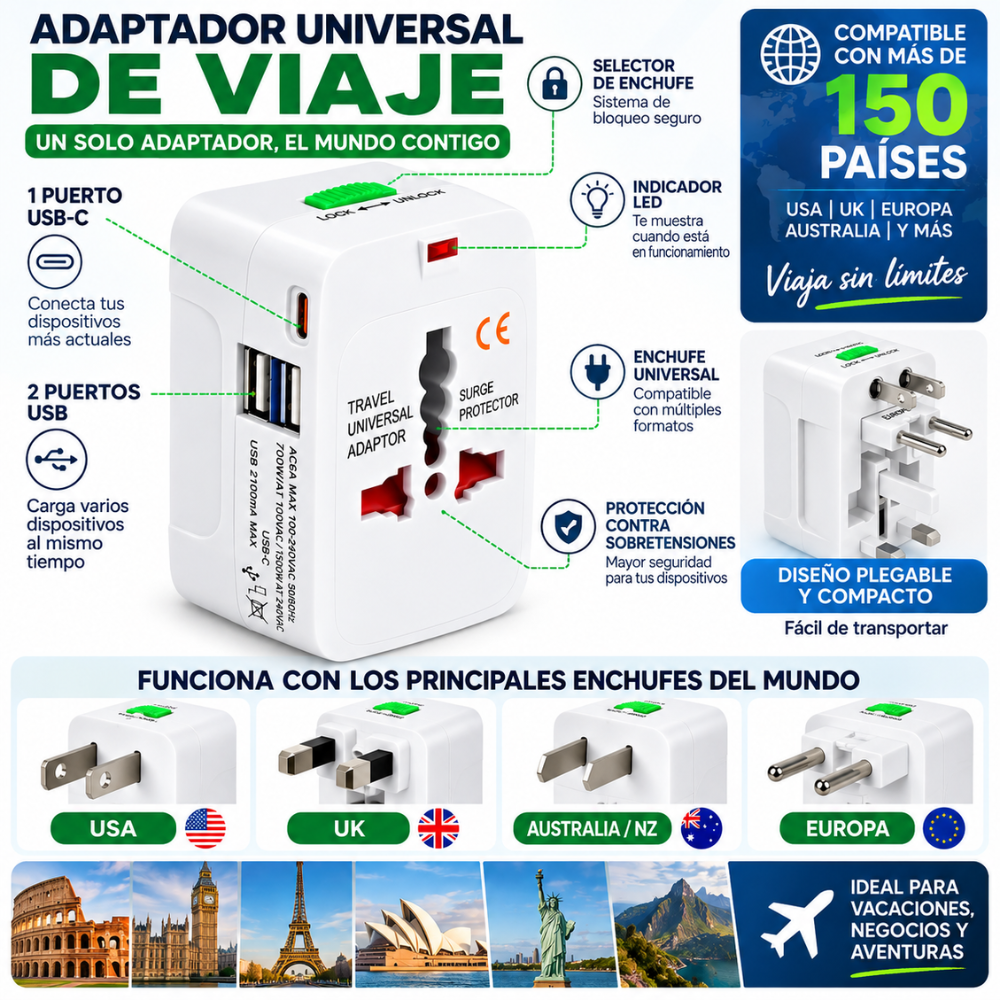 Adaptador Universal De Viaje 150 Países 2 USB USB-C USA UK EU AU - Image 2