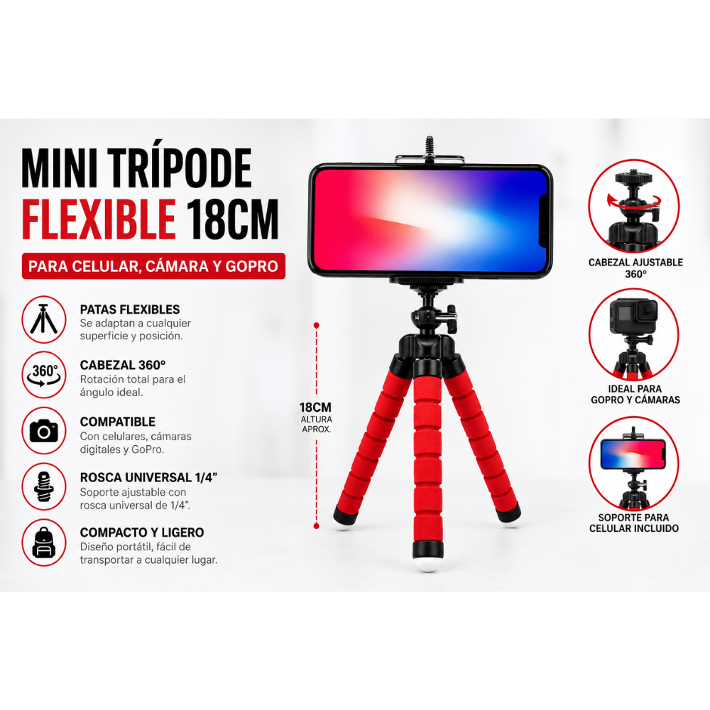Mini Trípode Flexible 18cm Cabezal 360° Rosca 1/4 Celular Cámara GoPro - Image 2