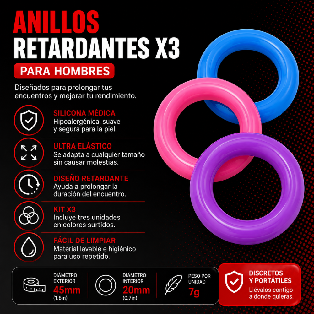 Set Anillos Retardantes X3 Silicona Flexible Masculino 3 Colores - Image 2