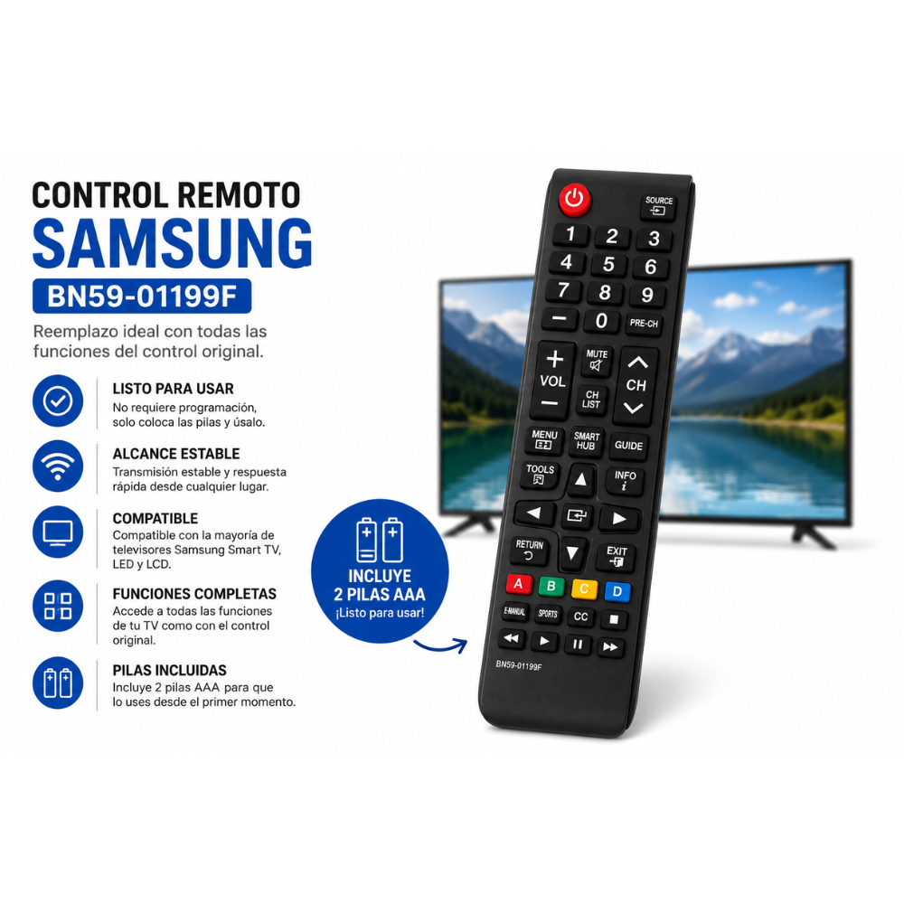 Control Remoto PARA Samsung Smart TV BN59-01199F Reemplazo + 2 Pilas AAA Incluidas - Image 2