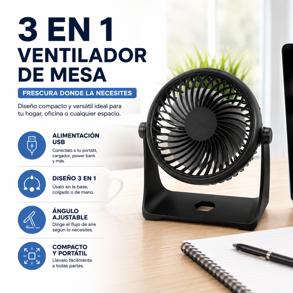 Mini Ventilador 3 En 1 Portátil USB-C De Mesa 5W Ajustable - Image 2