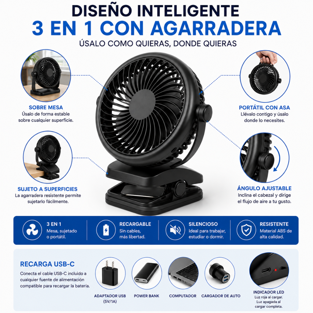 Mini Ventilador 3 En 1 Recargable Con Agarradera USB-C 5W Portátil - Image 3