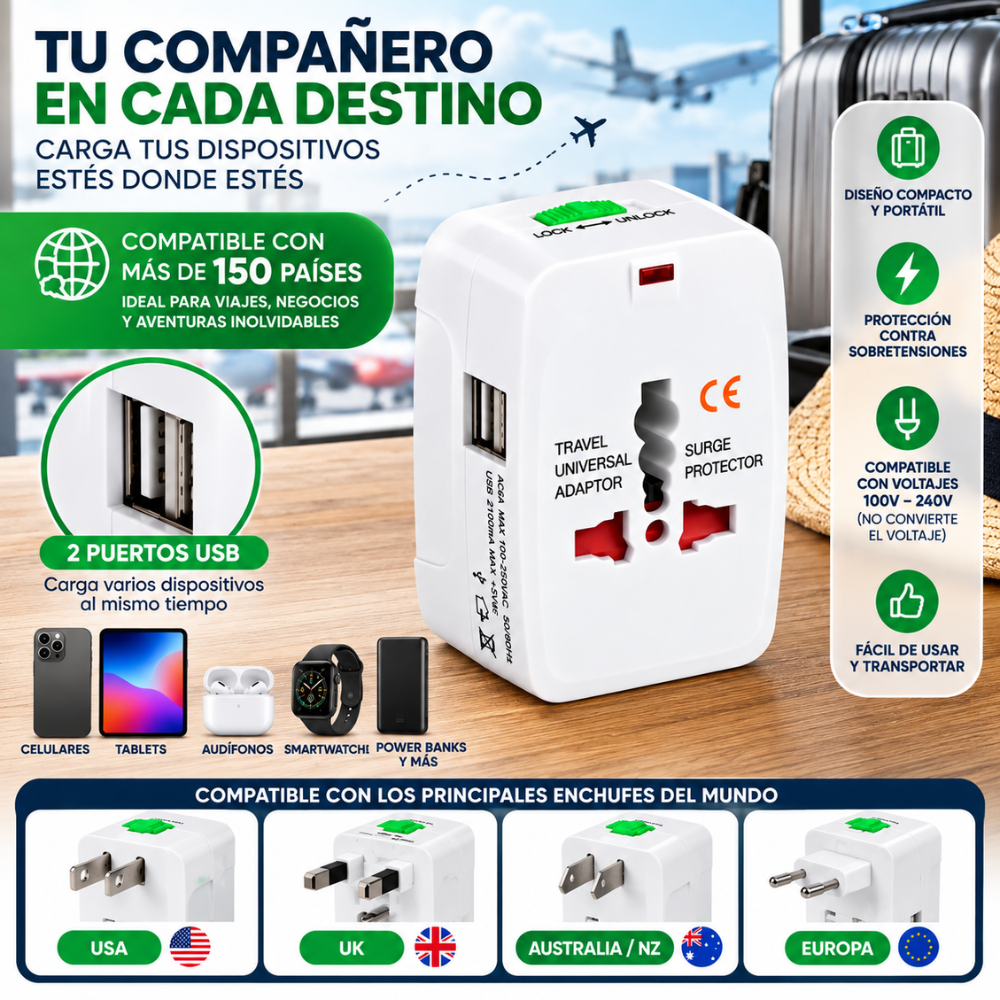 Adaptador Universal De Viaje 150 Países 2 USB USA UK Europa Australia NZ - Image 3