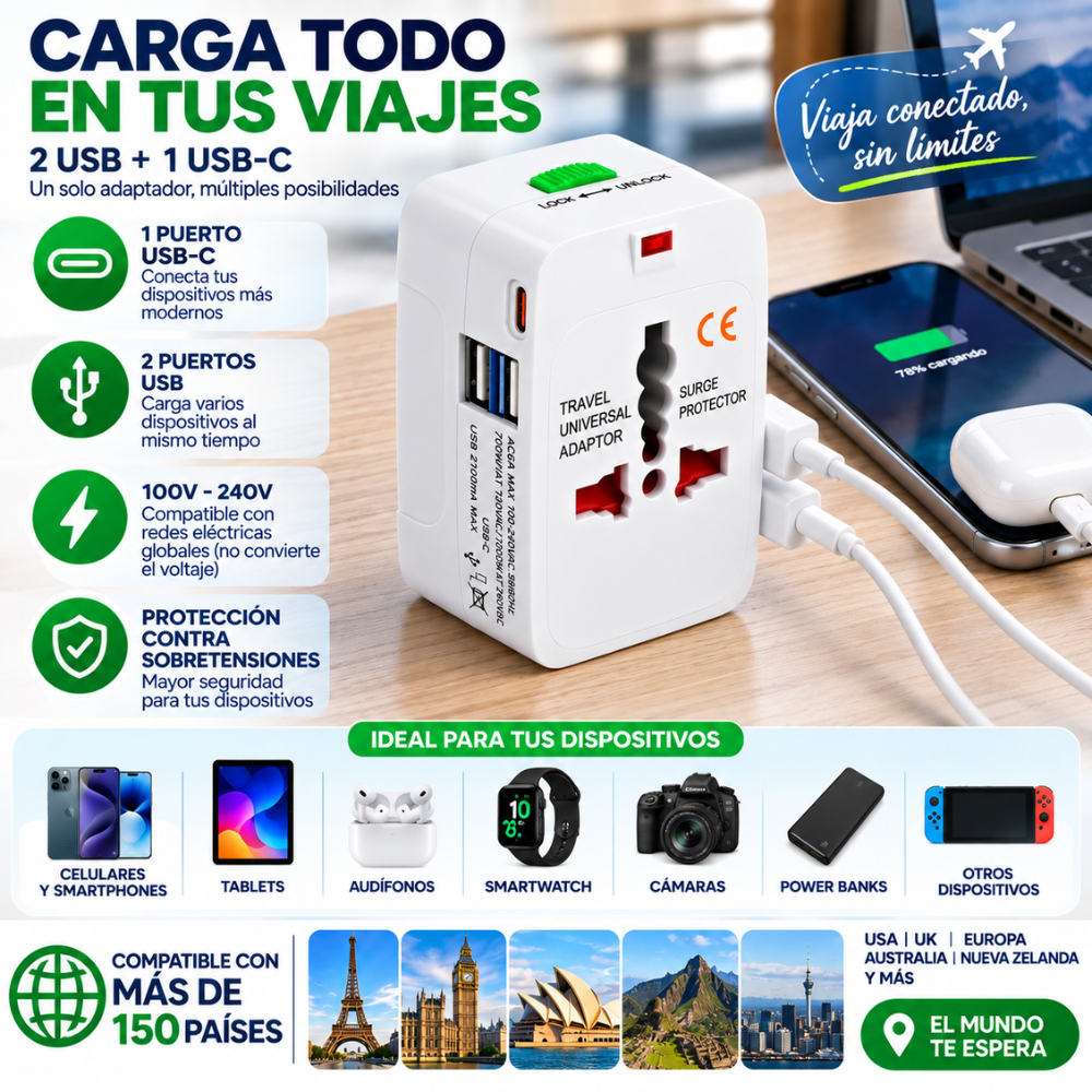 Adaptador Universal De Viaje 150 Países 2 USB USB-C USA UK EU AU - Image 3
