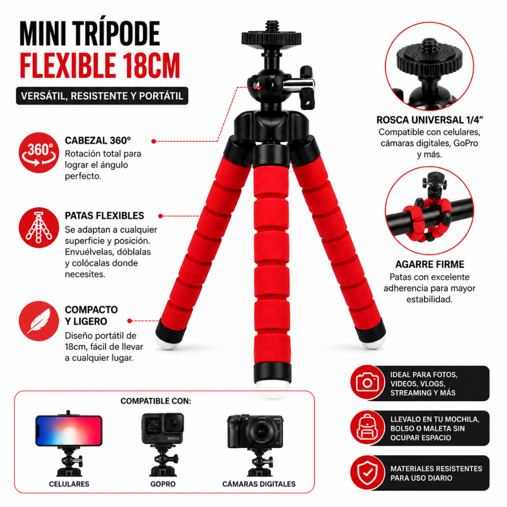 Mini Trípode Flexible 18cm Cabezal 360° Rosca 1/4 Celular Cámara GoPro - Image 3