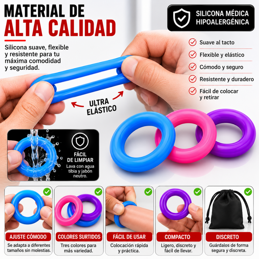 Set Anillos Retardantes X3 Silicona Flexible Masculino 3 Colores - Image 3
