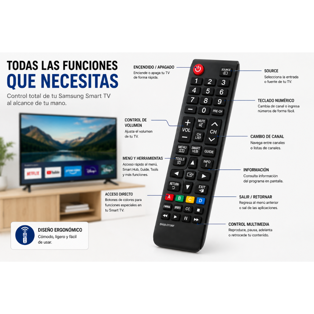 Control Remoto PARA Samsung Smart TV BN59-01199F Reemplazo + 2 Pilas AAA Incluidas - Image 3
