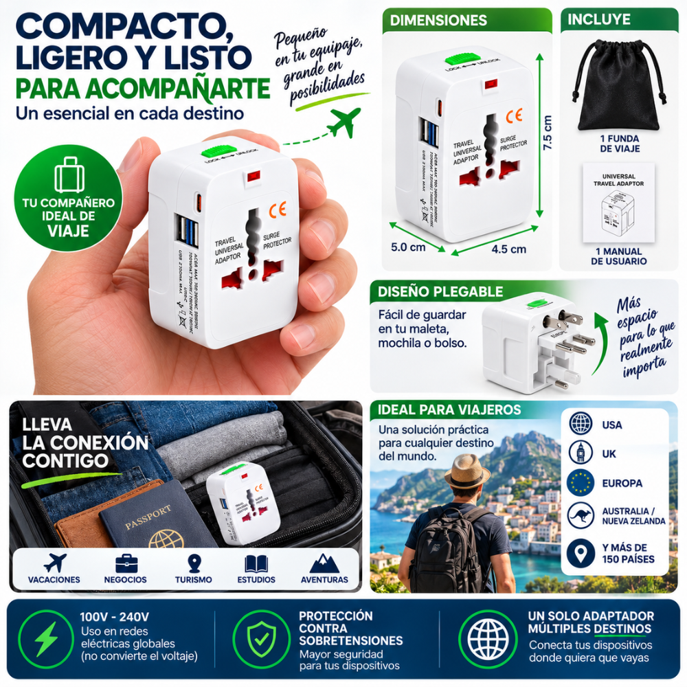 Adaptador Universal De Viaje 150 Países 2 USB USB-C USA UK EU AU - Image 4