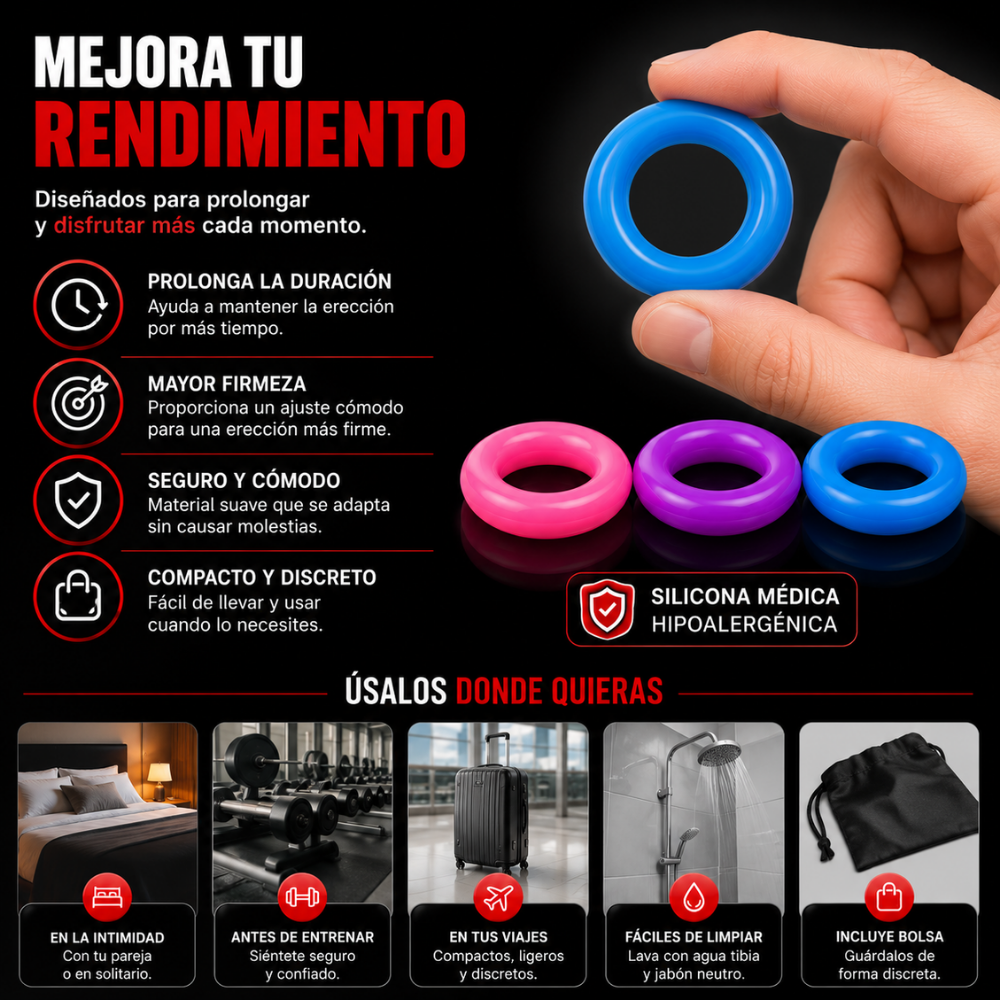 Set Anillos Retardantes X3 Silicona Flexible Masculino 3 Colores - Image 4