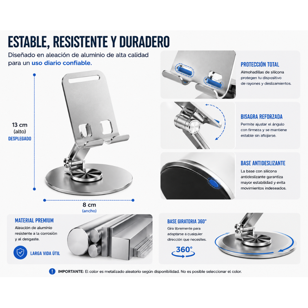 Soporte Celular Aluminio Ajustable Plegable Escritorio 13cm Metalizado Portátil - Image 4
