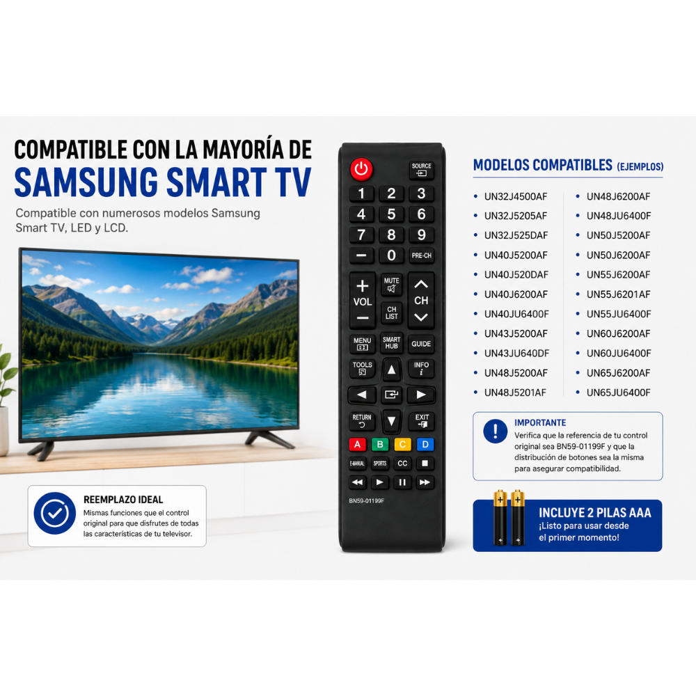 Control Remoto PARA Samsung Smart TV BN59-01199F Reemplazo + 2 Pilas AAA Incluidas - Image 4