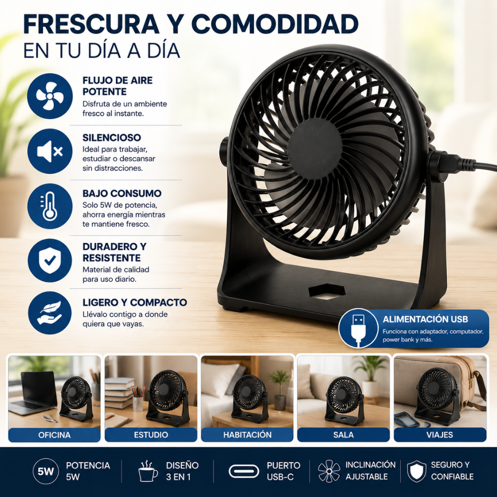 Mini Ventilador 3 En 1 Portátil USB-C De Mesa 5W Ajustable - Image 4
