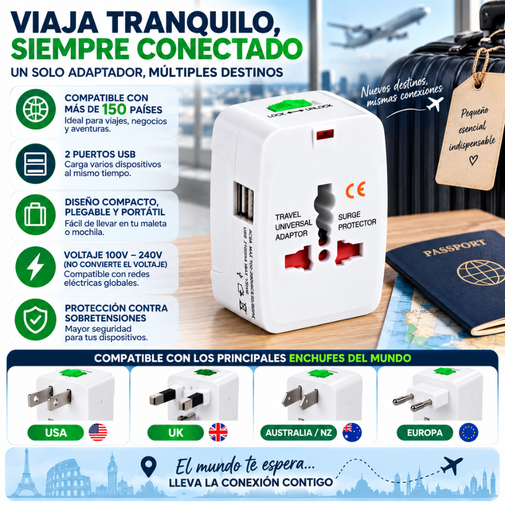 Adaptador Universal De Viaje 150 Países 2 USB USA UK Europa Australia NZ - Image 5